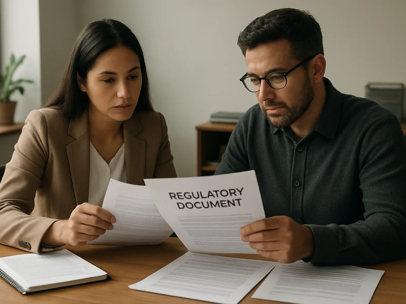 Editorial documentary photo of consultants reviewing regulatory documents on a wooden desk under soft natural daylight i