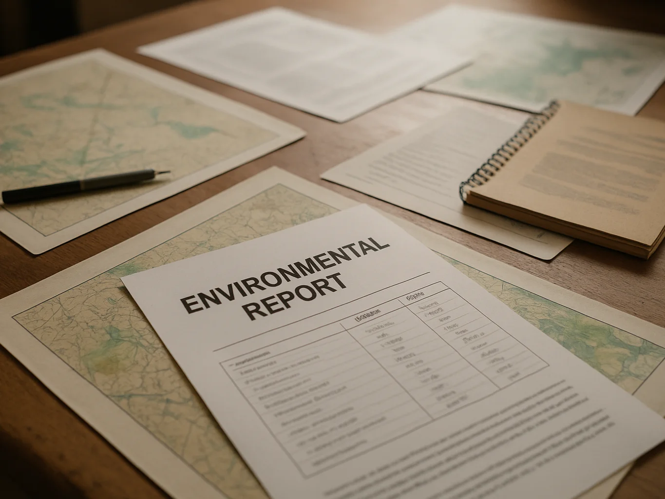 Close-up documentary framing of environmental maps and technical reports on a desk with soft natural light.