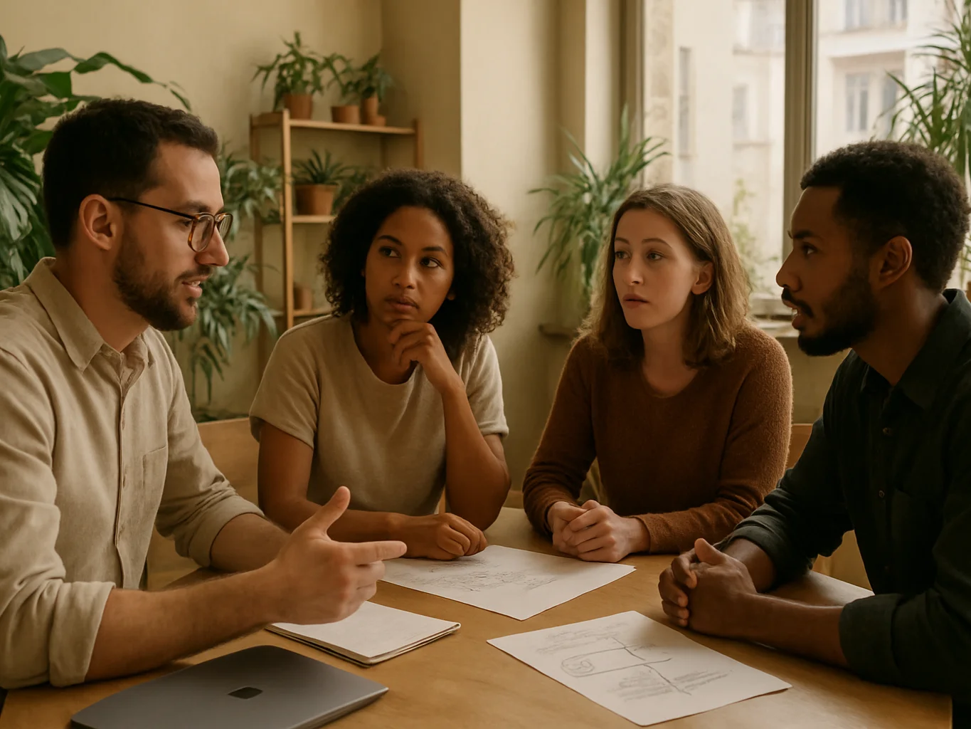 Candid documentary photo of team members discussing operational workflows in a workspace with indoor plants and warm day