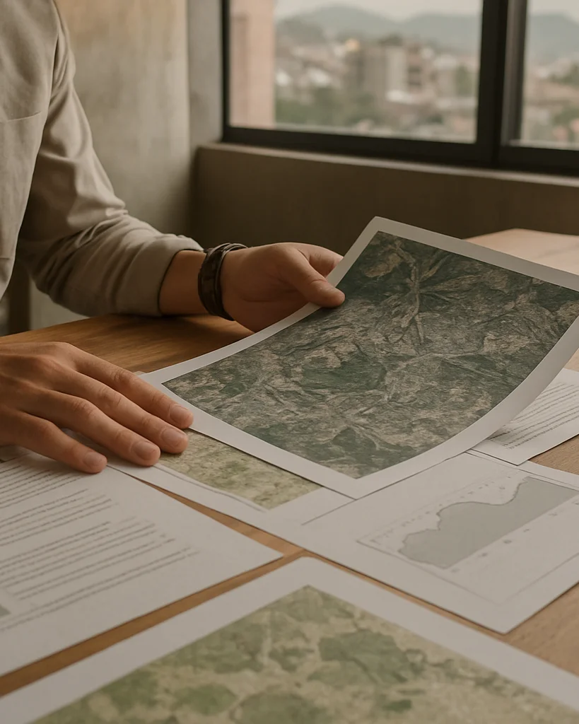 Consultor revisando documentos y mapas ambientales en una oficina